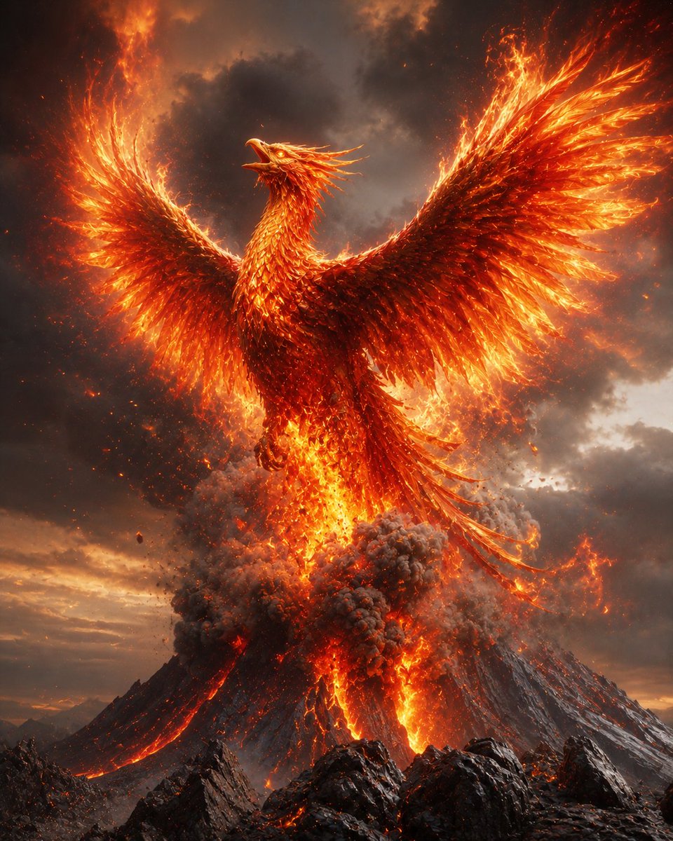 Create an epic vertical fantasy scene of a colossal phoenix rising from the crater of an erupting volcano. Th… - AI提示词参考图，来自西西提示词