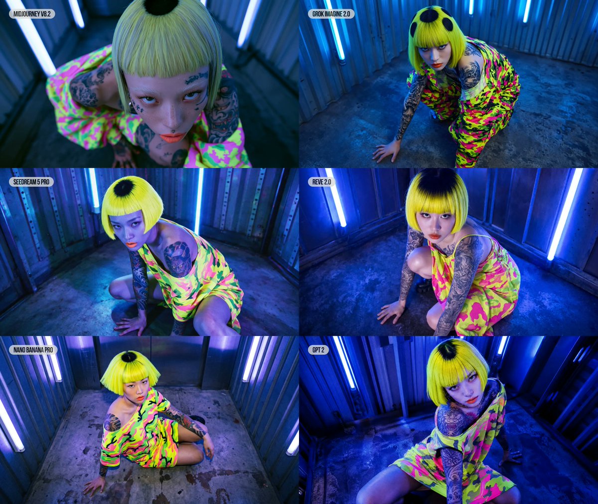 Goal: Create a 6-panel editorial fashion photography comparison collage with neon cyberpunk lighting, showing… - AI提示词参考图，来自西西提示词