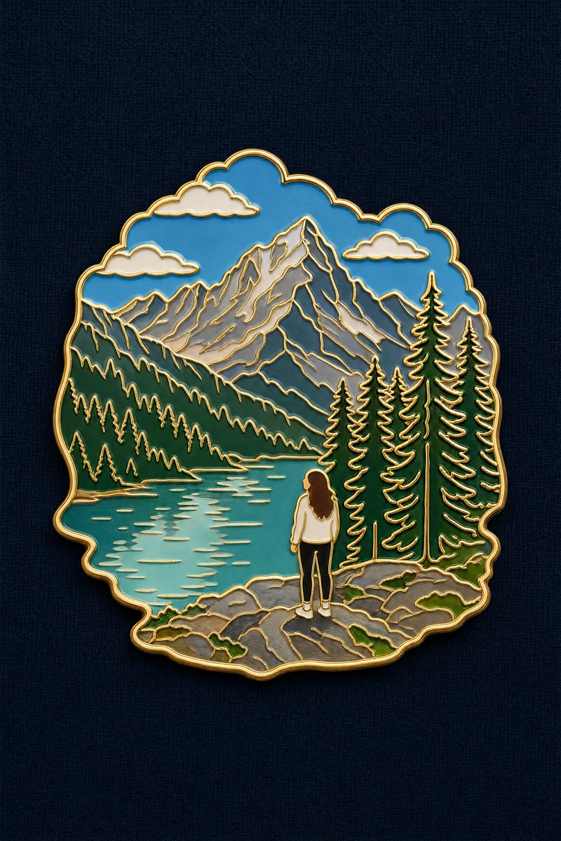 Turn the reference photo into a travel souvenir enamel pin badge. Compose it as a SCENE, not a single isolate… - AI提示词参考图，来自西西提示词