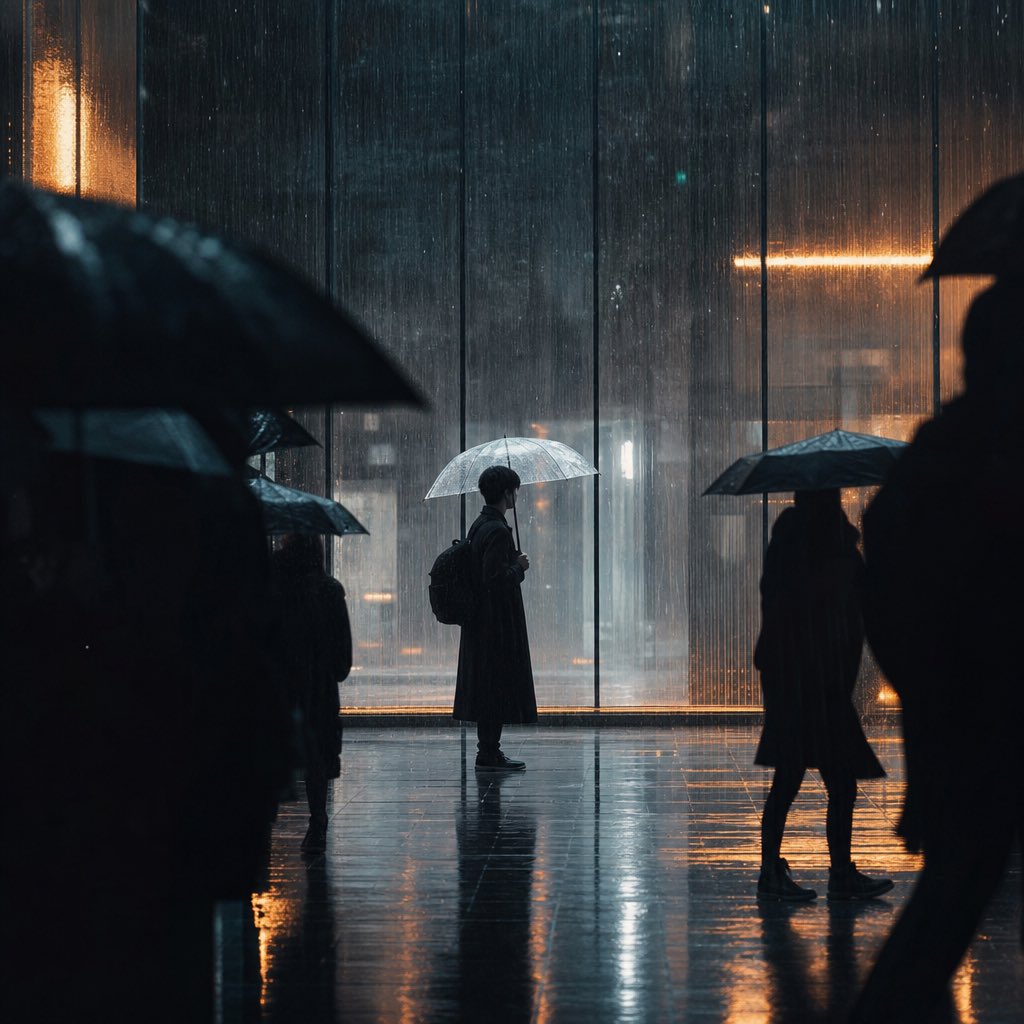Vertical cinematic rainy city street photography, frame composition, blurred black silhouettes of pedestrians… - AI提示词参考图，来自西西提示词