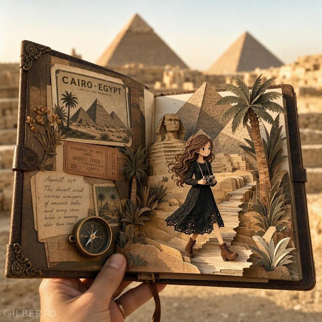 A high-detail photo of a real hand holding an open vintage leather-bound scrapbook outdoors in front of the b… - AI提示词参考图，来自西西提示词
