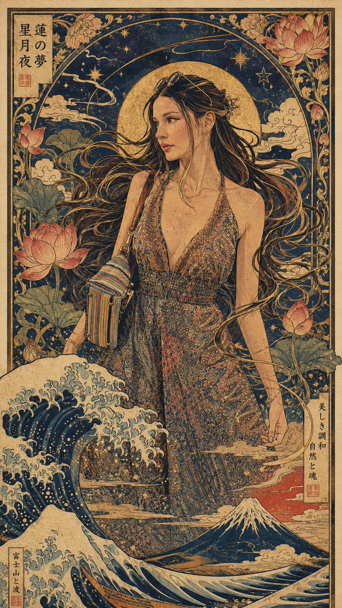 A vertical illustration in the {argument name="styles" default="Art Nouveau and Ukiyo-e"} style of the attach… - AI提示词参考图，来自西西提示词