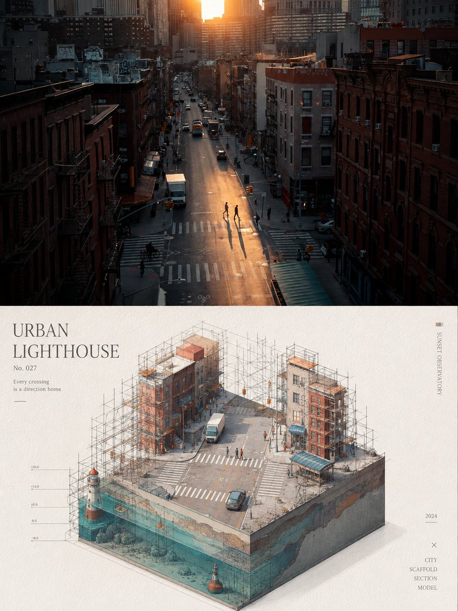 Create high-end design posters from uploaded photos with a 3:4 vertical composition, split 1:1 between top an… - AI提示词参考图，来自西西提示词