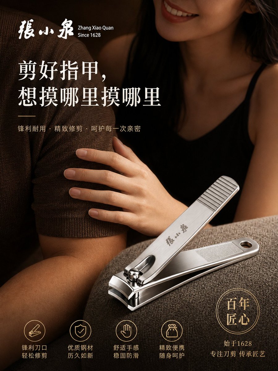 Generate a 3:4 vertical commercial advertisement for high-end stainless steel nail clippers. The overall styl… - AI提示词参考图，来自西西提示词
