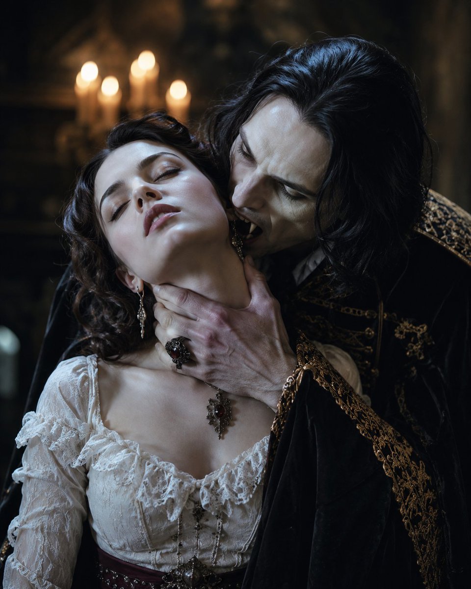 {argument name="subject" default="Vampire Dracula"} and the {argument name="target" default="beautiful girl w… - AI提示词参考图，来自西西提示词