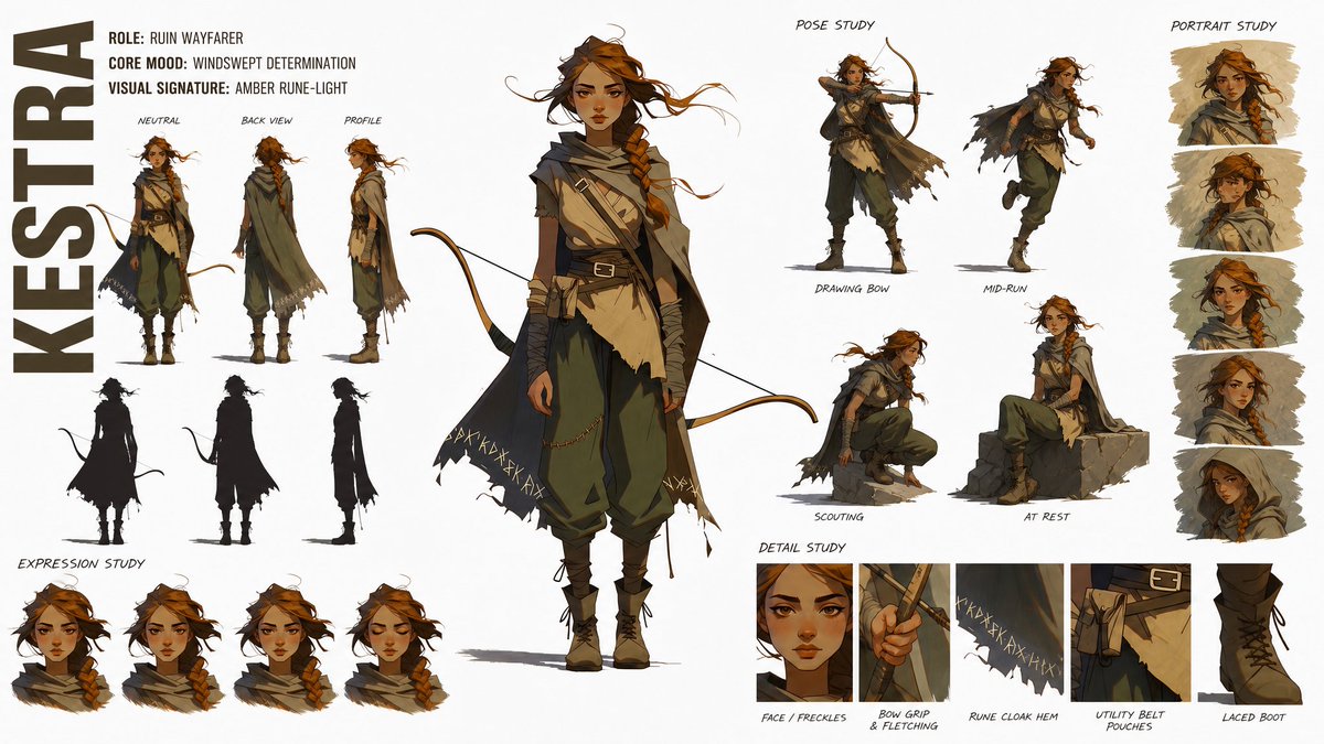 Create a premium, modern {argument name="style" default="high-fashion"} CHARACTER CONCEPT ART SHEET in a {arg… - AI提示词参考图，来自西西提示词