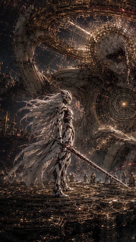 Create a dark epic science-fantasy vertical illustration in a cinematic ultra-detailed style. The scene shows… - AI提示词参考图，来自西西提示词