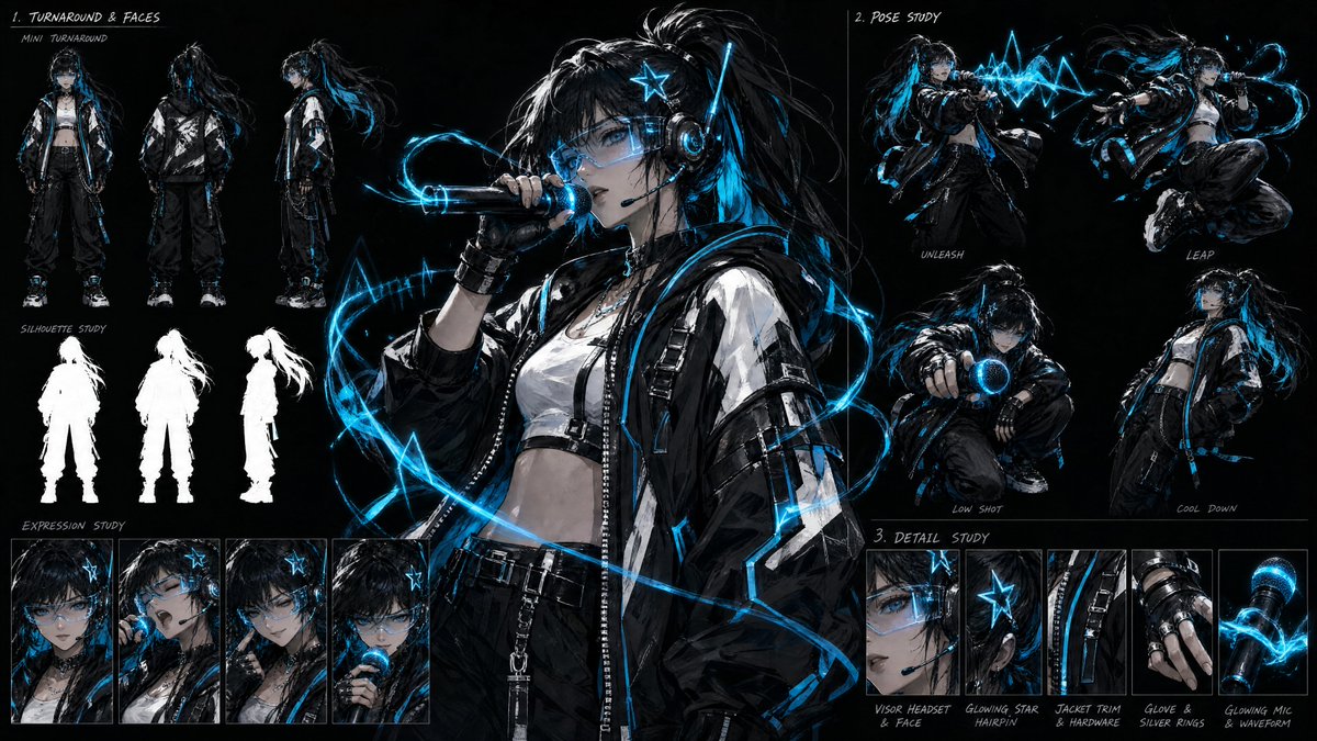 Goal: Create a dark anime cyberpunk character design sheet for {argument name="character name" default="a fut… - AI提示词参考图,来自西西提示词