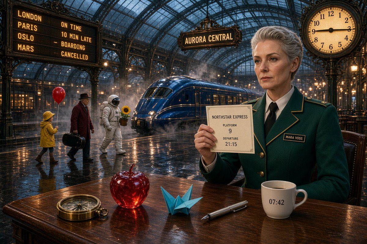 Goal: Create a cinematic ultra-detailed scene inside a grand Victorian glass-roof railway station at night, w… - AI提示词参考图，来自西西提示词