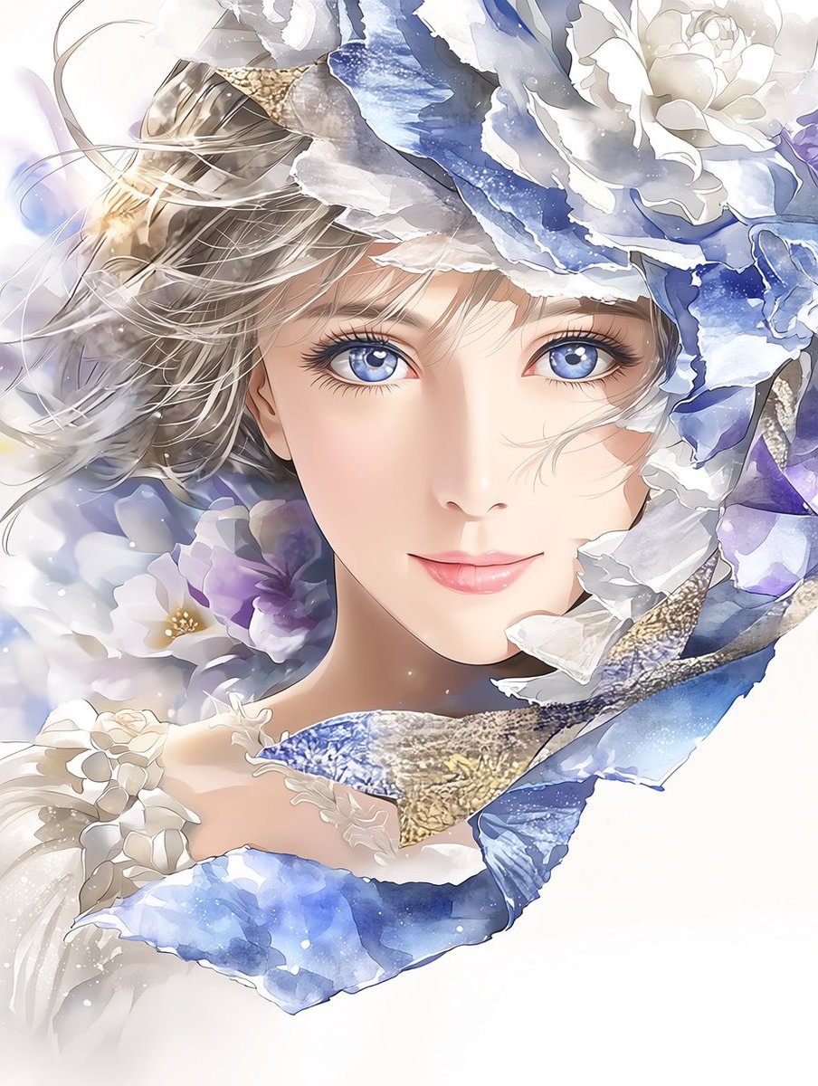 Create a delicate vertical watercolor paper-art portrait of a beautiful young woman with {argument name="hair… - AI提示词参考图，来自西西提示词