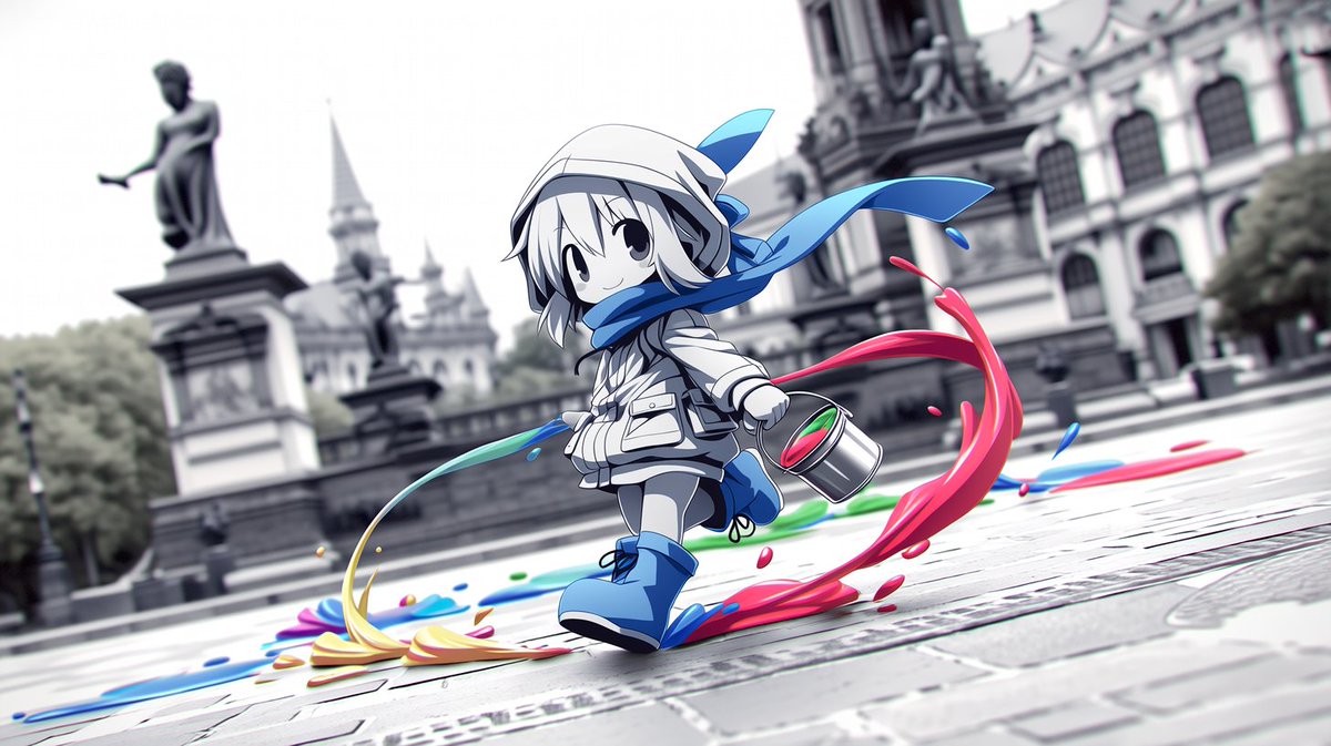 Create a cinematic anime illustration of a small chibi street painter running through a European-style city p… - AI提示词参考图，来自西西提示词