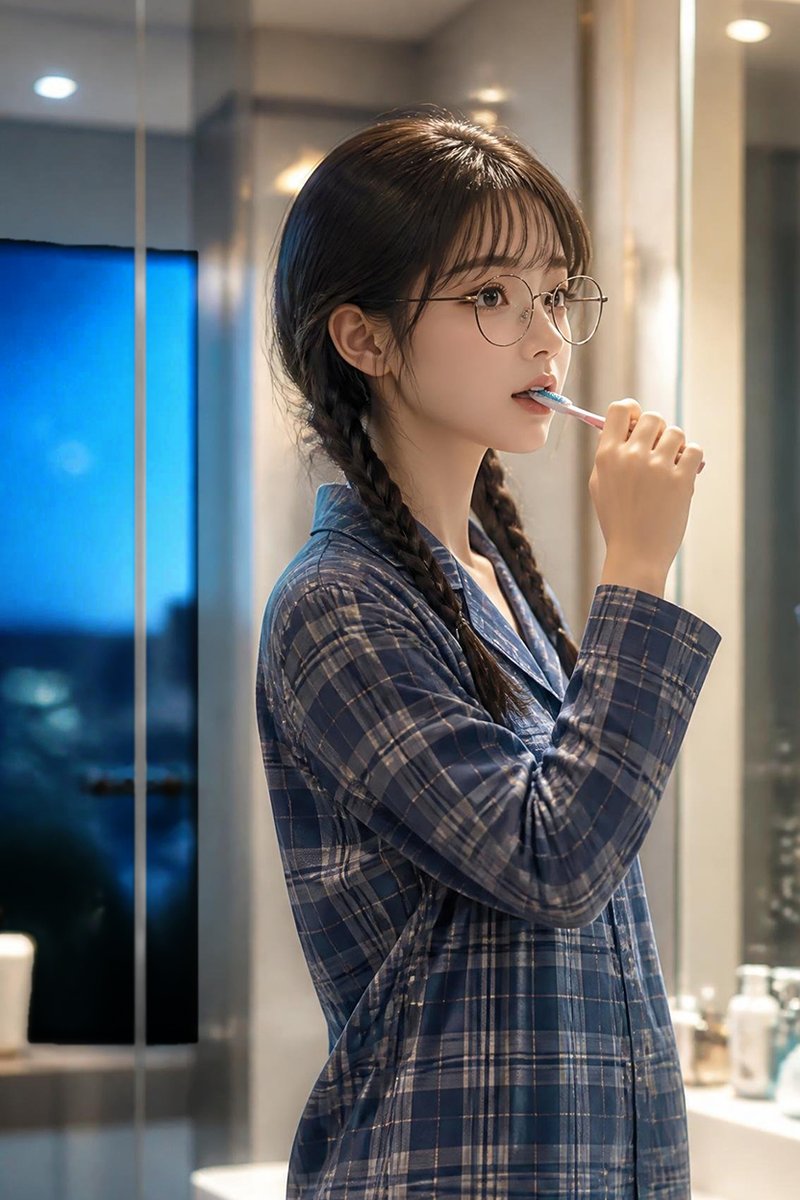 Create a vertical photorealistic portrait of a young East Asian woman in a modern bathroom at night, shown fr… - AI提示词参考图,来自西西提示词