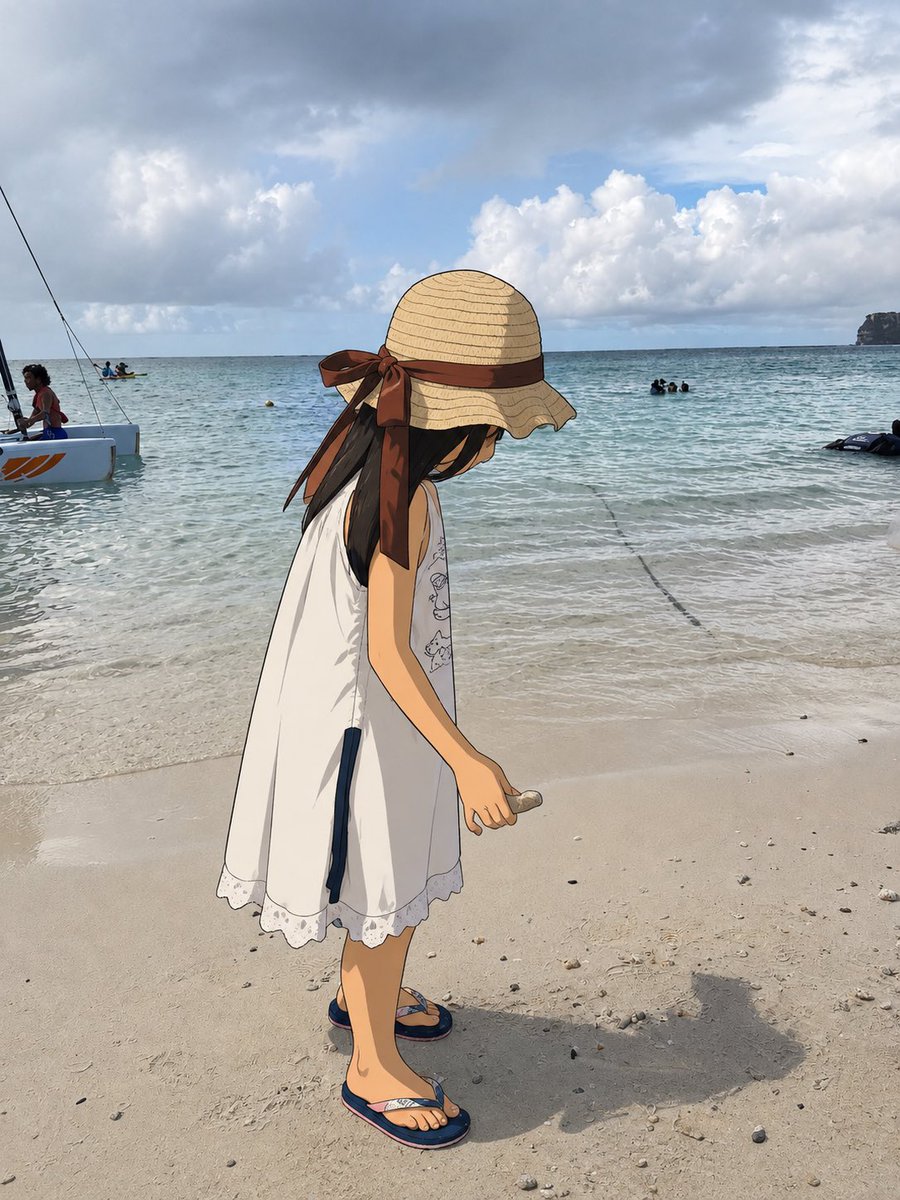 Create a realistic vacation beach photograph where exactly one element has accidentally become a 2D anime cha… - AI提示词参考图，来自西西提示词