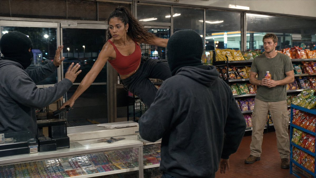 Create a cinematic, realistic action still set inside a brightly lit convenience store at night. The scene sh… - AI提示词参考图，来自西西提示词