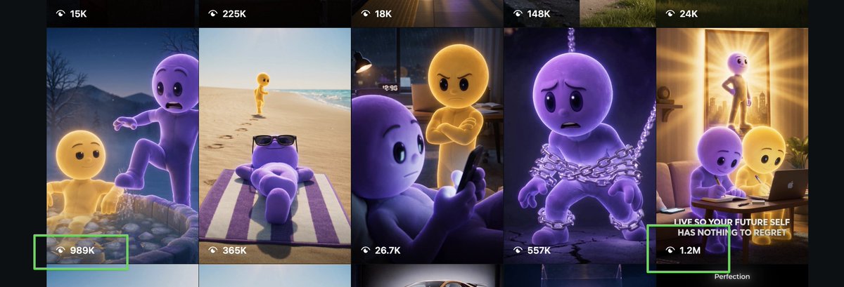 Goal: Create a wide social-media analytics collage showing a grid of viral vertical video thumbnails featurin… - AI提示词参考图，来自西西提示词