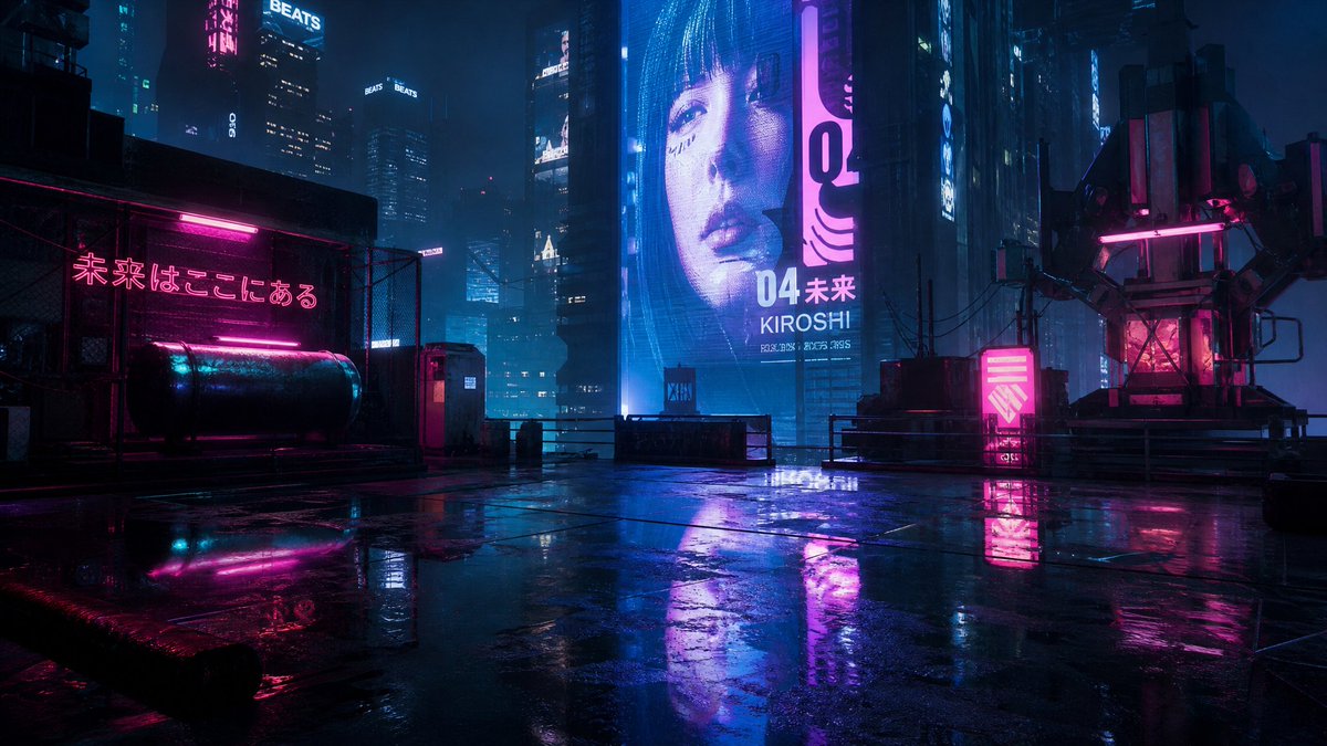 Create a cinematic cyberpunk city rooftop at night in a rainstorm, wide 16:9 establishing shot from a low eye… - AI提示词参考图，来自西西提示词