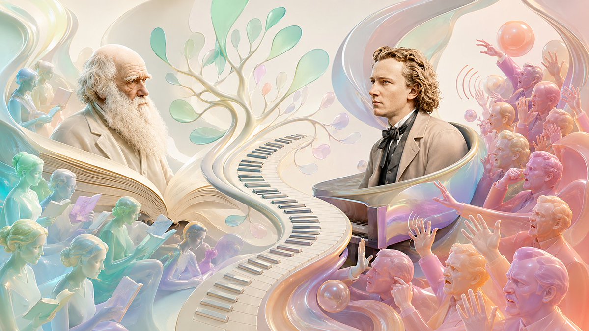 Create a wide cinematic surreal illustration comparing {argument name="scientist" default="Charles Darwin"} a… - AI提示词参考图，来自西西提示词