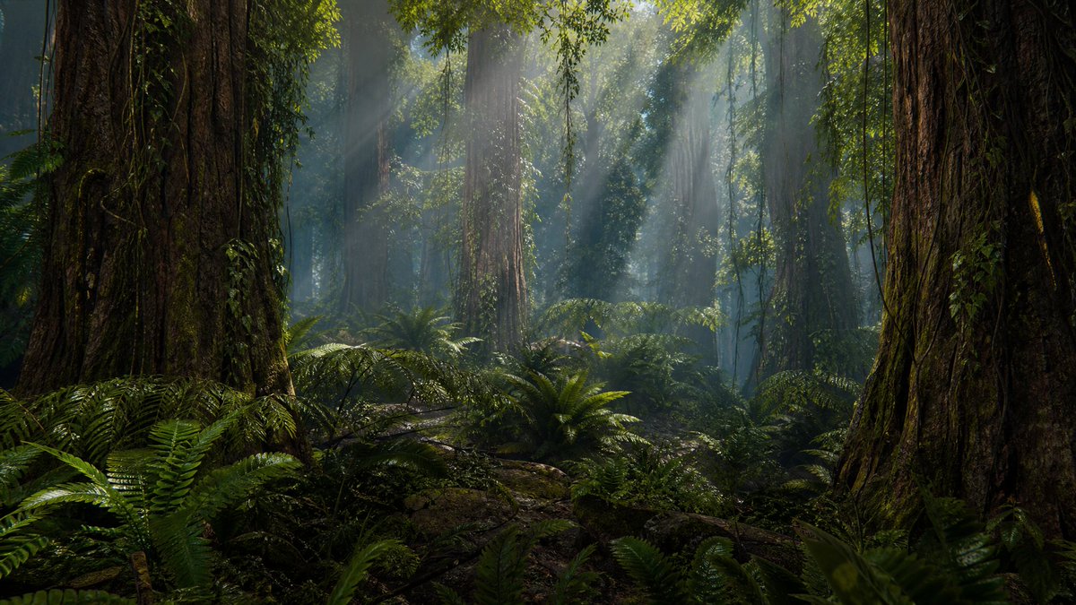 Create a hyper-realistic 3D CGI cinematic wide shot of a dense, humid {argument name="prehistoric jungle type… - AI提示词参考图，来自西西提示词