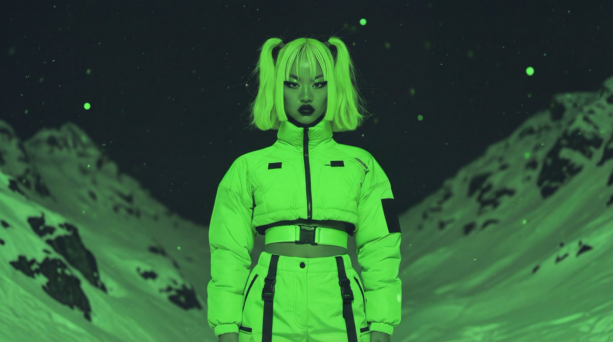 Create a cinematic sci-fi fashion portrait of a young woman standing centered in a snowy alpine valley at nig… - AI提示词参考图，来自西西提示词