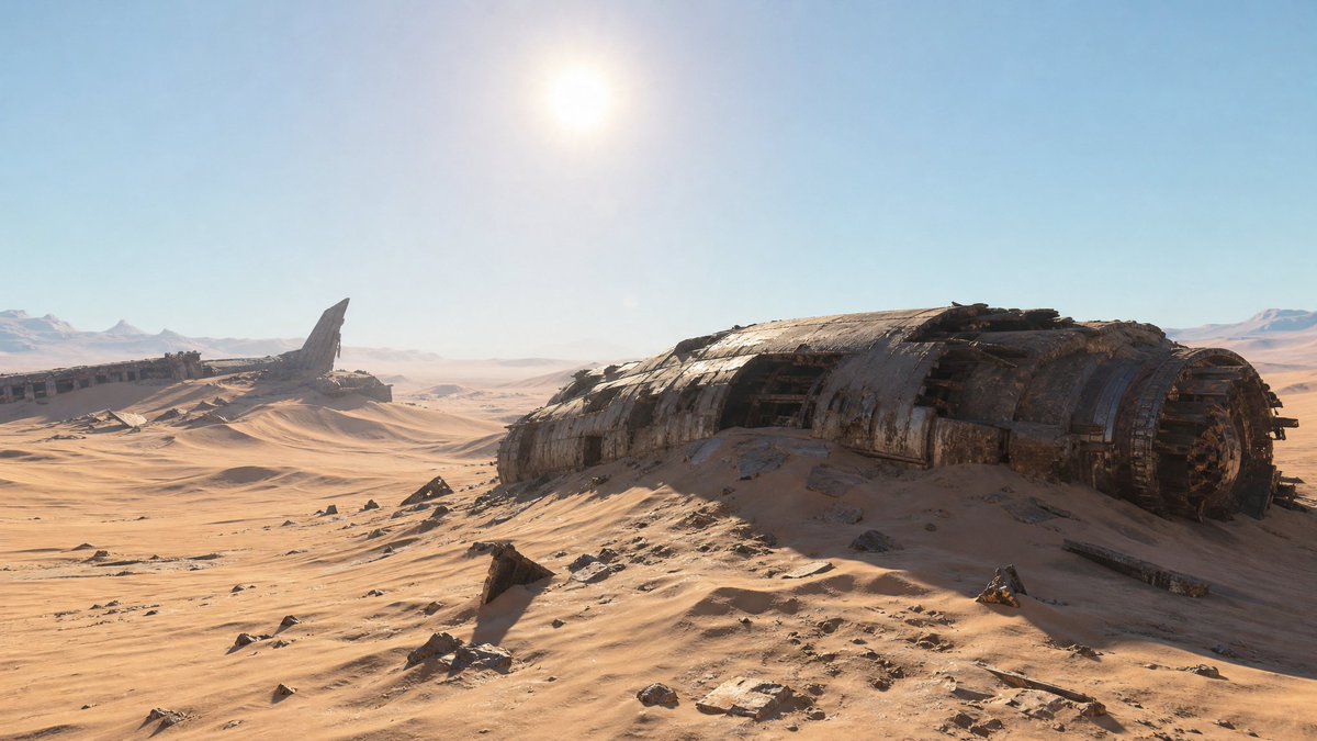 Create a hyper-realistic 3D CGI wide cinematic landscape of a post-apocalyptic, sun-scorched desert wasteland… - AI提示词参考图，来自西西提示词