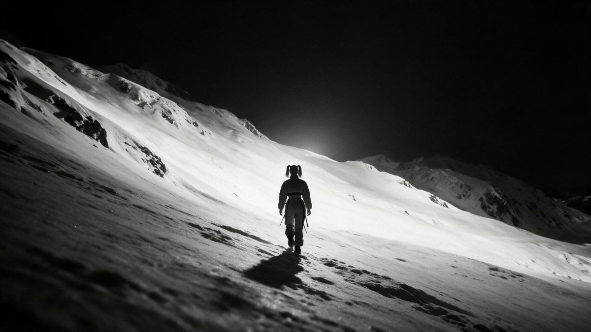 Create a cinematic black-and-white wide-angle photograph of a lone {argument name="subject" default="female m… - AI提示词参考图，来自西西提示词