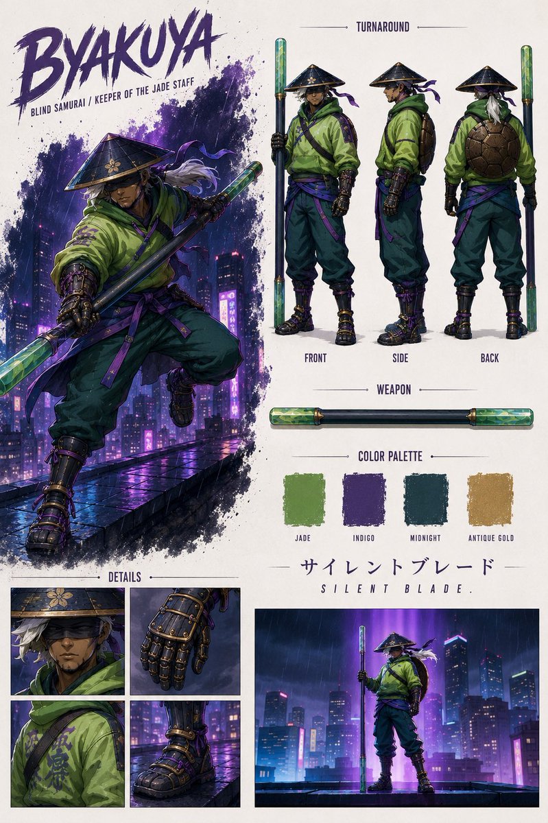 Goal: Create a polished anime concept art character sheet for {argument name="character name" default="BYAKUY… - AI提示词参考图，来自西西提示词