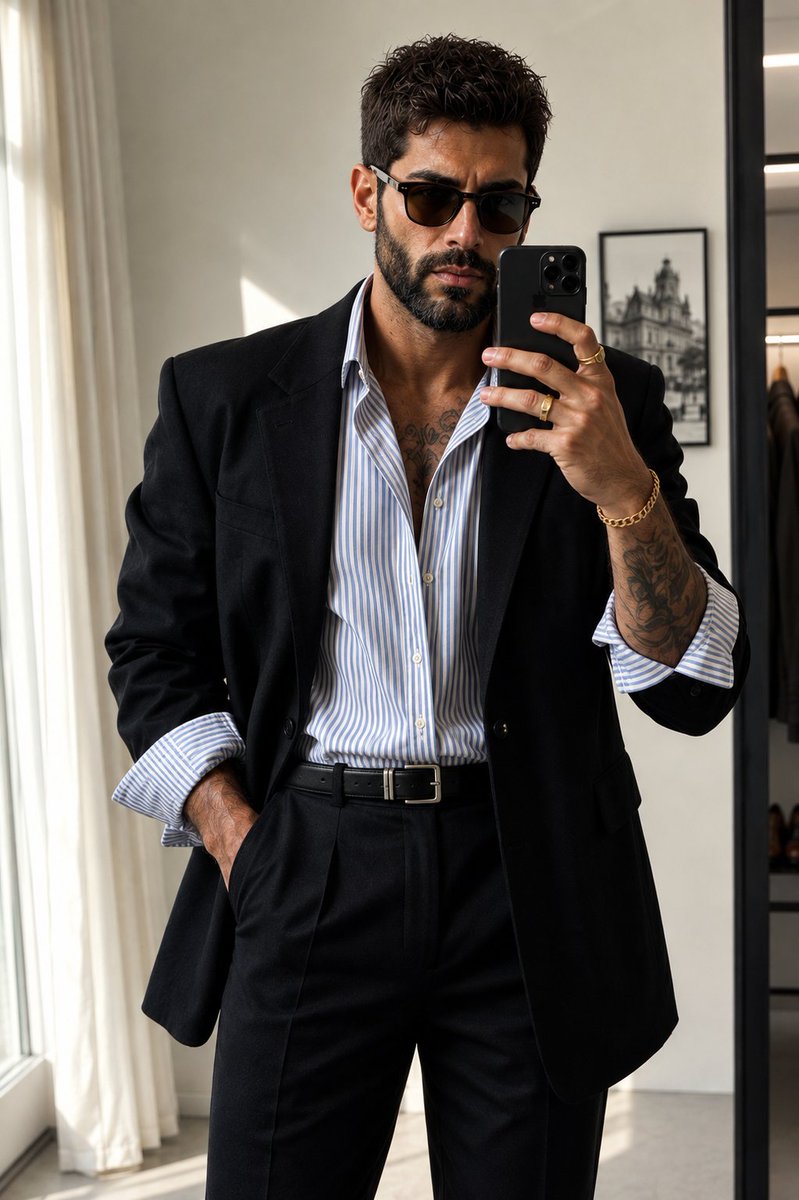 Photorealistic full-body mirror selfie of a stylish, athletic adult man use image for face reference with in … - AI提示词参考图，来自西西提示词
