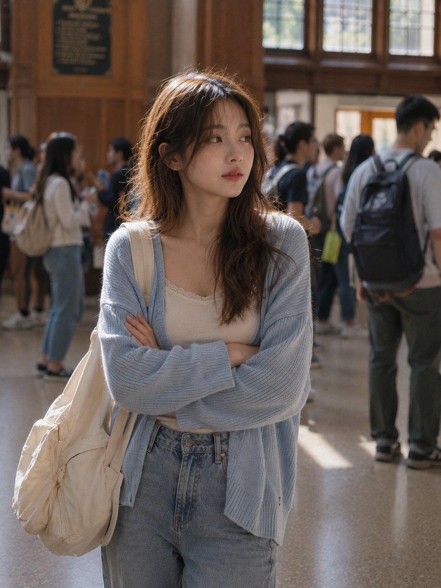 A photorealistic vertical candid portrait of a {argument name="subject" default="young woman"} standing indoo… - AI提示词参考图，来自西西提示词