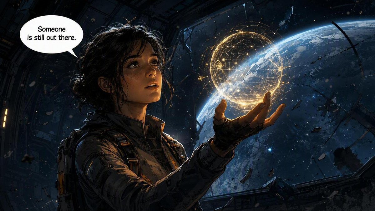 IMAGE 1 — Comic: “The Last Signal” Create an original cinematic sci-fi comic illustration, 16:9 landscape, ul… - AI prompt reference from CC Prompt Galaxy
