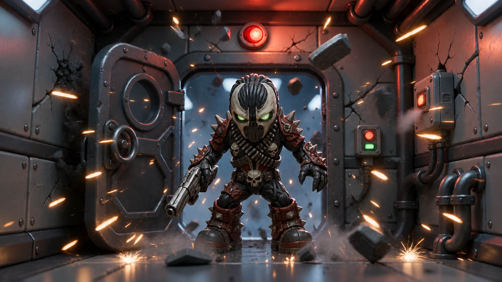 Create a cinematic super-deformed collectible figure scene of {argument name="character name" default="Spawn"… - AI提示词参考图，来自西西提示词