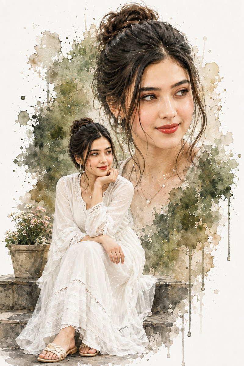 Create a creative double-exposure watercolor portrait composition on a vertical 2:3 canvas with a clean off-w… - AI提示词参考图，来自西西提示词
