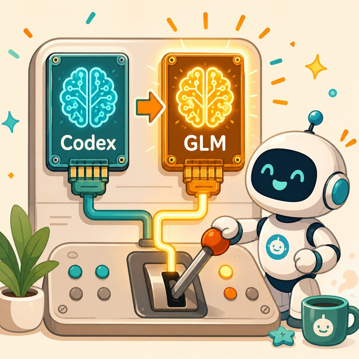Create a cheerful square 1:1 kawaii tech illustration showing an AI model switch-over machine. The scene is a… - AI提示词参考图，来自西西提示词