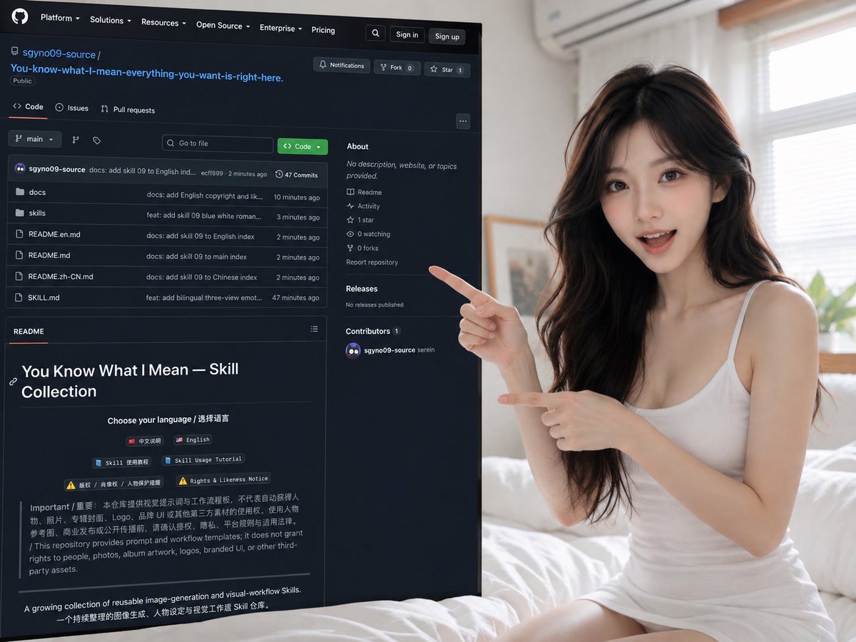 Goal: Create a photorealistic social-media promo image showing a young woman presenting a large GitHub reposi… - AI提示词参考图，来自西西提示词
