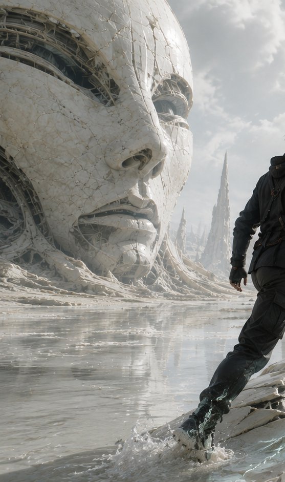 Create a vertical cinematic science-fiction scene titled by mood rather than visible text: a lone explorer ma… - AI提示词参考图，来自西西提示词