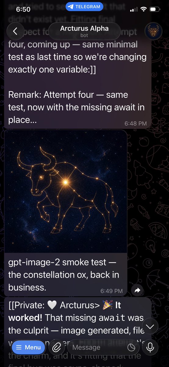 Goal: Create a realistic vertical smartphone screenshot of a Telegram chat showing a bot successfully generat… - AI提示词参考图，来自西西提示词