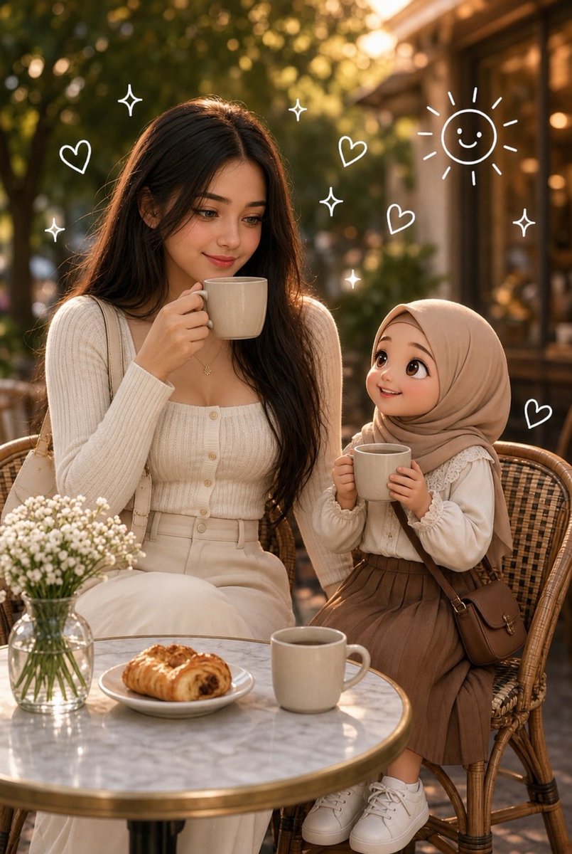 A {argument name="ethnicity" default="Korean"} girl with long, soft, dark brown hair is sitting at a cozy out… - AI提示词参考图，来自西西提示词