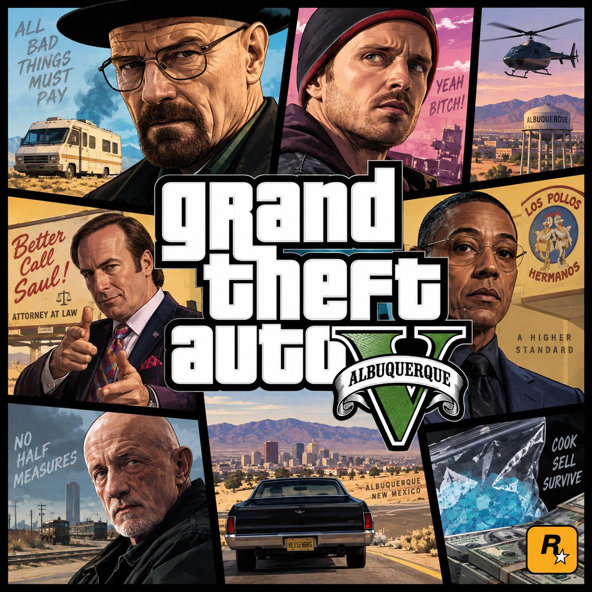 Goal: Create a square illustrated parody video game cover/poster in the style of a Grand Theft Auto V key art… - AI提示词参考图，来自西西提示词