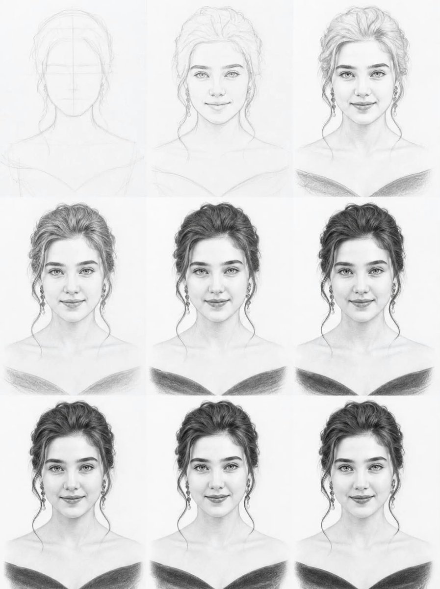 Goal: Create a vertical 3-by-3 tutorial-style progression sheet showing the same young woman’s portrait being… - AI提示词参考图，来自西西提示词