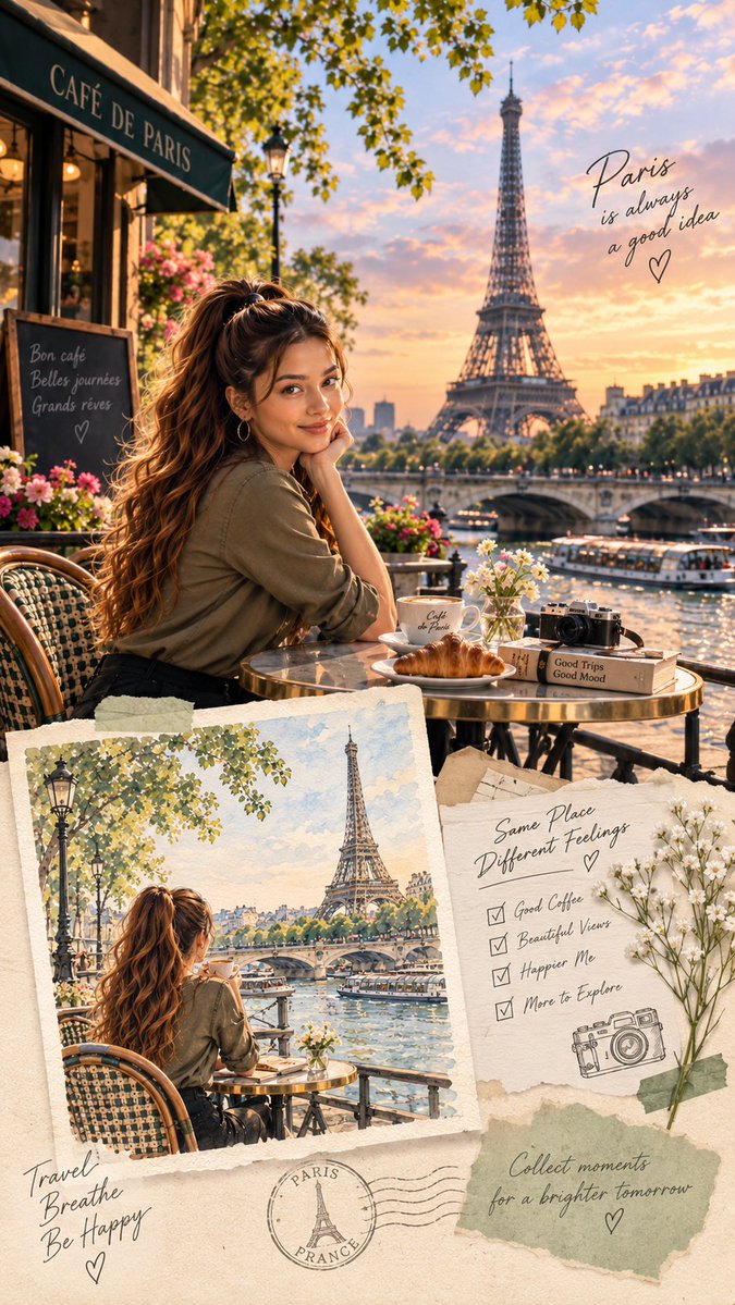 Goal: Create a premium vertical 9:16 Paris travel-journal scrapbook collage with a warm, cinematic editorial … - AI提示词参考图，来自西西提示词