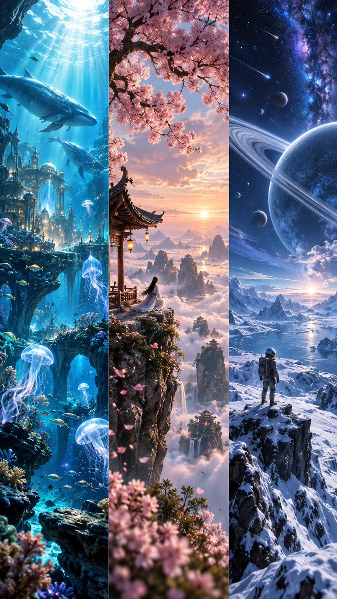 Goal: Create an ultra-detailed cinematic fantasy triptych showing three separate dream worlds side by side in… - AI提示词参考图，来自西西提示词