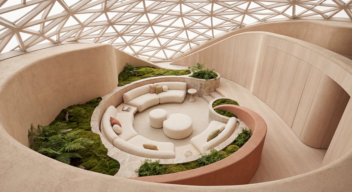 Create a serene biophilic architectural interior: a large sunken circular lounge inside a softly curved moder… - AI提示词参考图，来自西西提示词