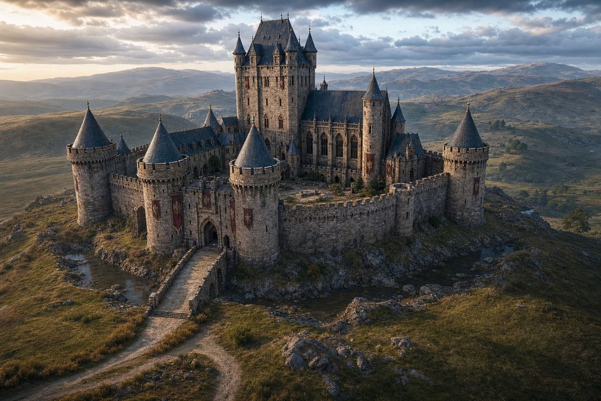 Create a cinematic ultra-realistic aerial wide shot of a {argument name="castle type" default="grand medieval… - AI提示词参考图，来自西西提示词