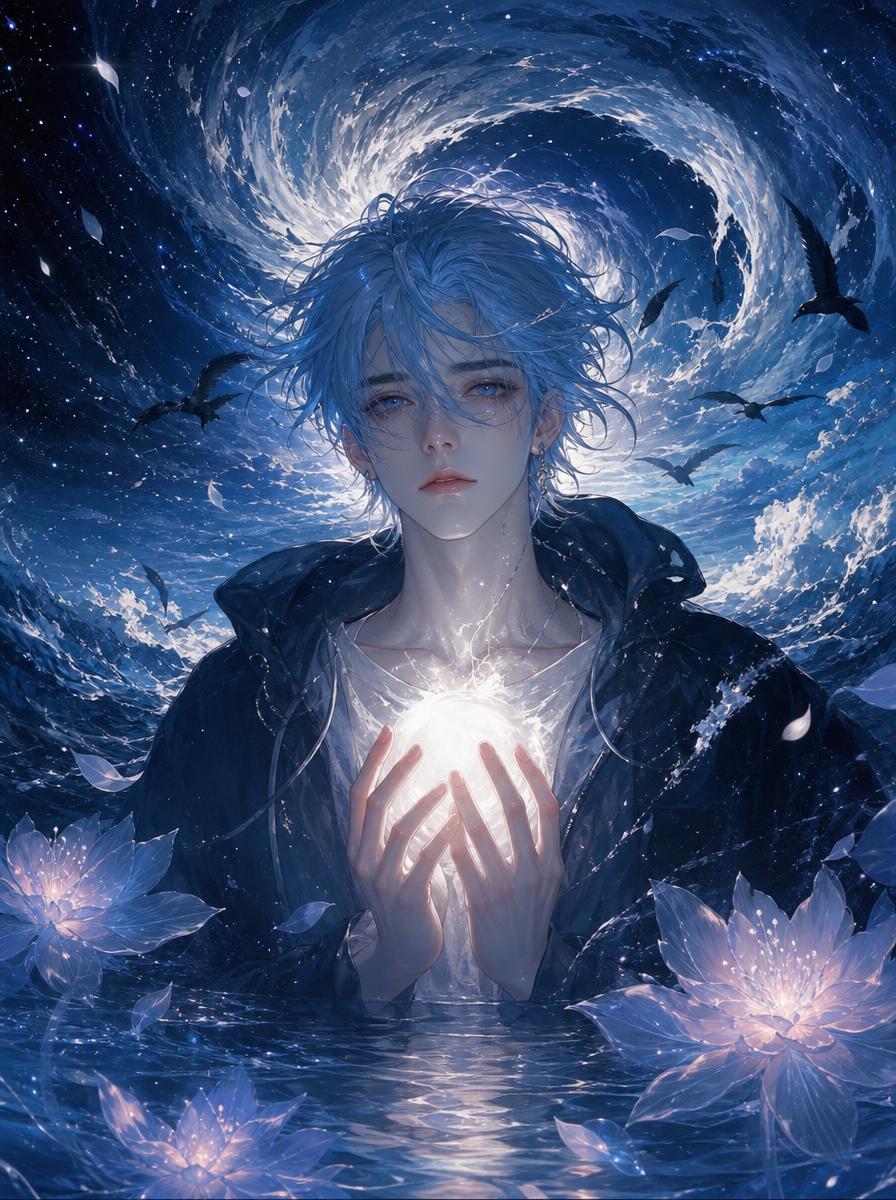 Create a highly detailed fantasy anime portrait of a melancholic ethereal young man, {argument name="characte… - AI提示词参考图，来自西西提示词