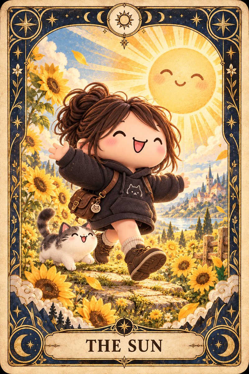 Create a vertical tarot card illustration of {argument name="character name" default="a joyful chibi girl"} a… - AI提示词参考图，来自西西提示词