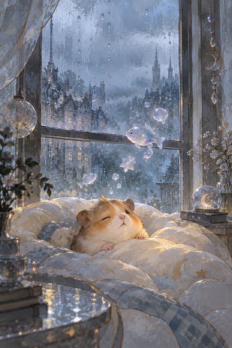 Create a dreamy vertical storybook illustration in the style of reverse-painted stained glass, with transluce… - AI提示词参考图，来自西西提示词
