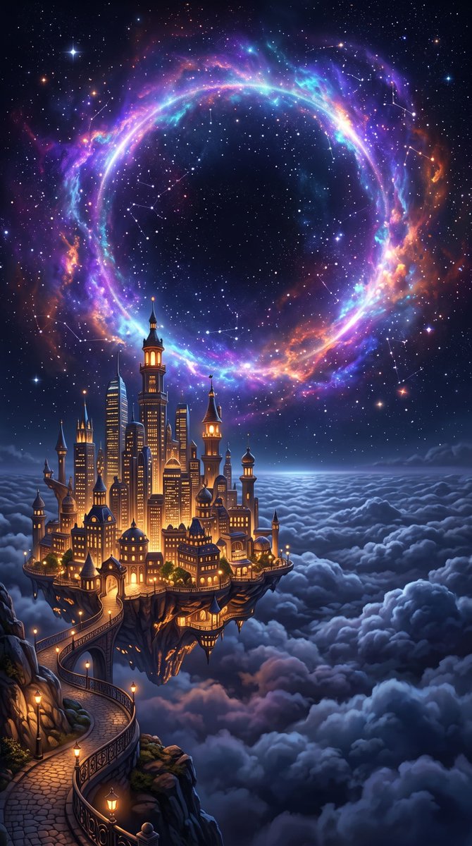 A breathtaking vertical view of a futuristic metropolis floating gracefully above an endless sea of dense, ro… - AI提示词参考图，来自西西提示词