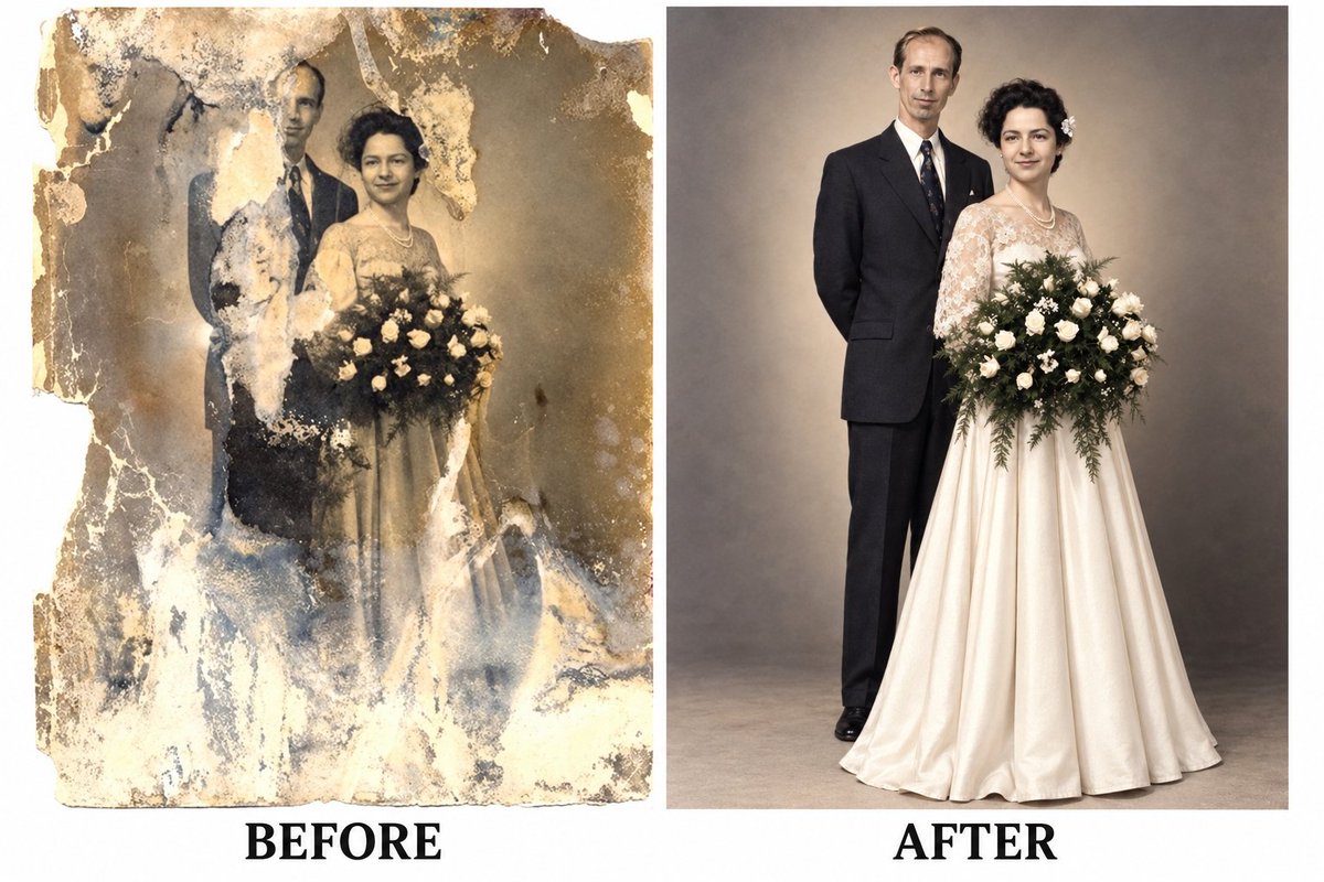 Use the uploaded image as the main restoration and identity reference. Convert this severely damaged old port… - AI提示词参考图，来自西西提示词