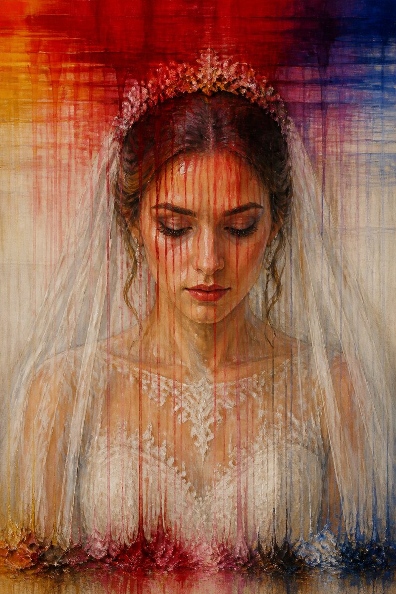 A painting slowly dissolving: {argument name="colors" default="saturated"} colors at the top running downward… - AI提示词参考图，来自西西提示词