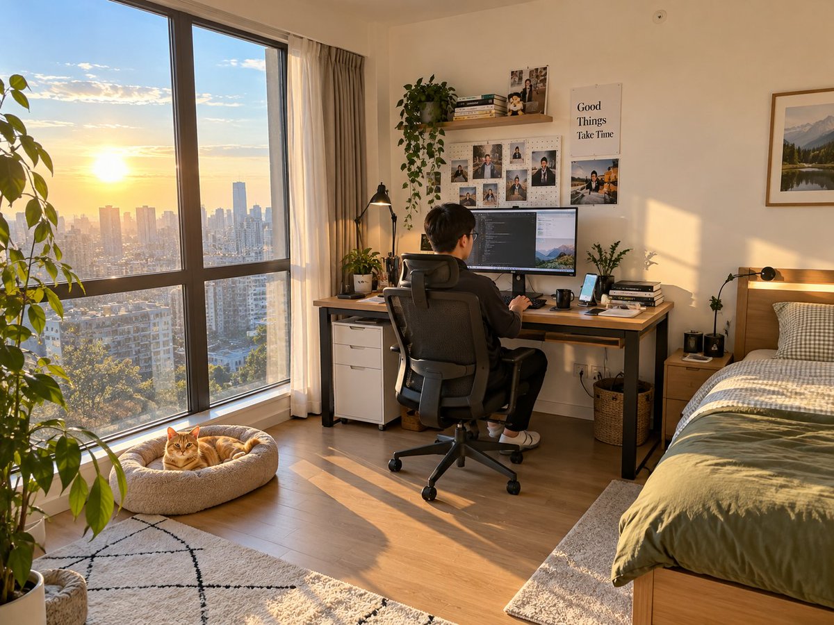 Create a real-life room promotional image to market my room to potential tenants. The theme is room layout: a… - AI提示词参考图，来自西西提示词
