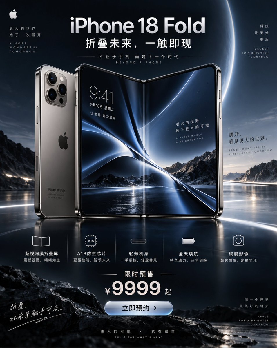 Generate a promotional poster for a {argument name="product" default="iPhone 18"} foldable screen smartphone - AI提示词参考图，来自西西提示词